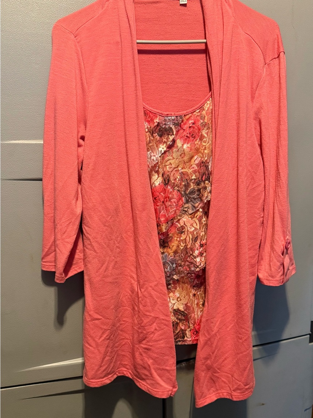 Notations Coral Open-Front Cardigan with Floral Layered Tank